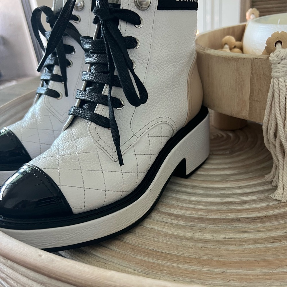 White and Black Quilted Boots